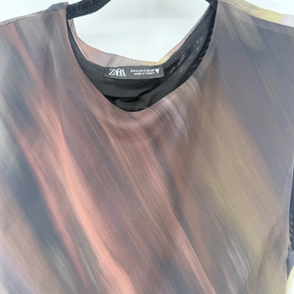 Zara Brown Abstract Print Mesh Midi Dress Sleeveless Ruched Side Size Small - Picture 4 of 6
